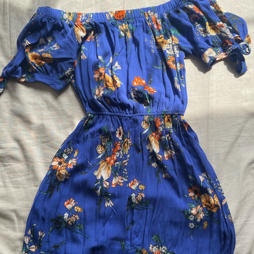 Band of Gypsies Blue Floral off the shoulder Bohemian Maxi-Dress